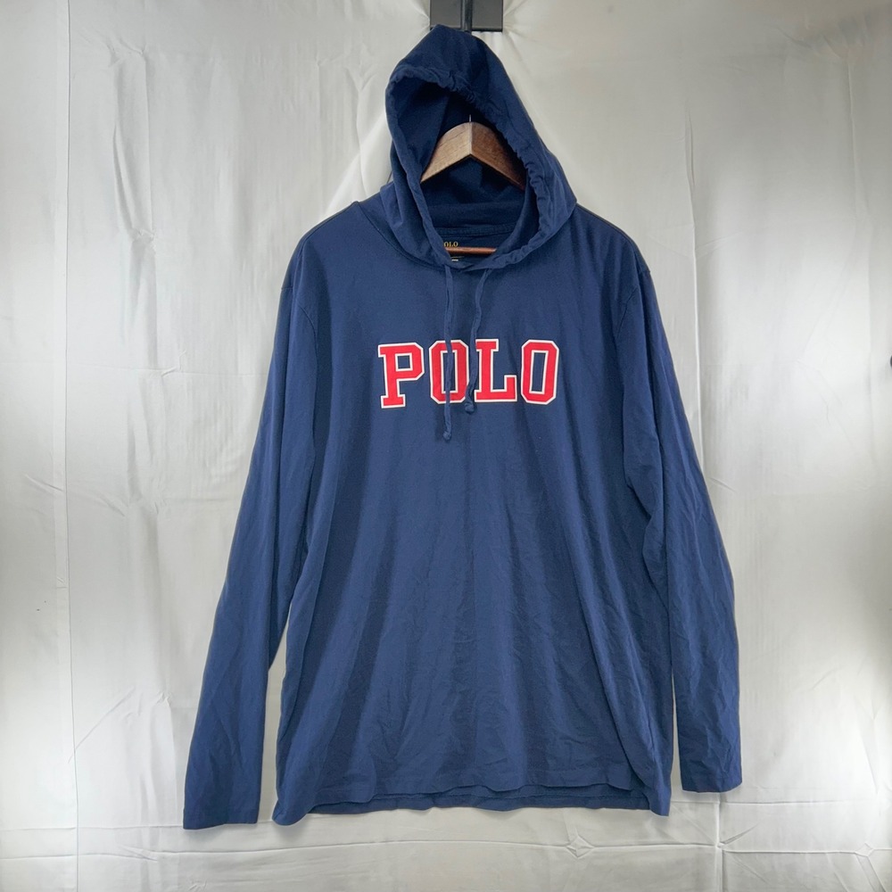 Polo Ralph Lauren Hooded T-Shirt Mens XL Navy Blue Graphic Logo Long Sleeve